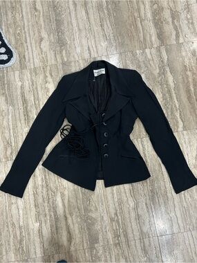 Neiman Marcus Black Tailored Lace-Cinch Blazer